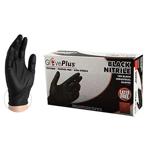 AMMEX GlovePlus Industrial Black Nitrile Gloves, Box of 100, 5 mil, Size Medium, Latex Free, Powder Free, Textured, Disposable, GPNB44100-BX
