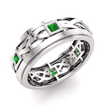 Load image into Gallery viewer, Diamondere Natural and Certified Princess Cut Emerald Wedding Band Ring in 18k White Gold | 0.59 Carat Celtic Knot Ring for Mens, US Size 9.75
