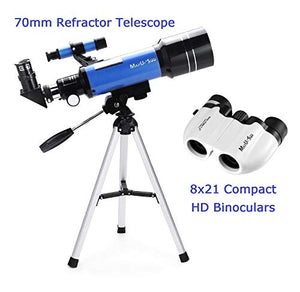MaxUSee 70mm Refractor Telescope + 8X21 Compact HD Binoculars for Kids and Astronomy Beginners, Travel Scope for Moon Stars Viewing Bird Watching Sightseeing