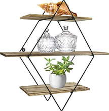 Load image into Gallery viewer, Greenco Geometric Diamond Shaped 3 Tier Mounted Floating, Rustic Wood Wall Storage Shelves for Bedroom, Living Room, Bathroom, Kitchen, Office etc, Natural
