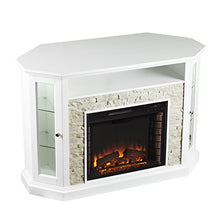 Load image into Gallery viewer, SEI Furniture Redden Faux Stone Convertible Electric Media Storage Corner Fireplace, Fresh White
