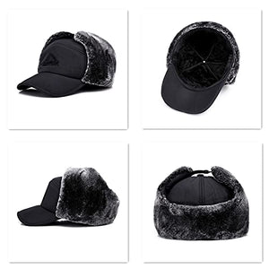 3 in 1 Thermal Fur Lined Trapper Hat with Ear Flap for Men, Full Face Neck Warmer All-Around Windproof Warm Insulated Winter Baseball Cap Cycling Snow Ski Snowboard Bomber Hat,Black