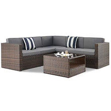 Load image into Gallery viewer, SUNCROWN Outdoor 4-Piece Patio Furniture Sectional Sofa Set All Weather Brown Wicker with Washable Seat Cushions and Modern Glass Coffee Table, Grey
