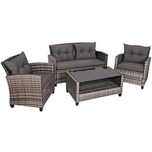 Load image into Gallery viewer, Tangkula 4 PCS Patio Wicker Conversation Furniture Set, Outdoor Rattan Sofa Set with Padded Cushion &amp; Tempered Glass Coffee Table, Wicker Sectional Sofas &amp; Table for Courtyard Balcony Garden (1, Grey)
