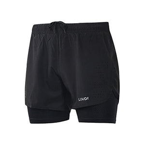 Lixada Men's 2-in-1 Running Shorts Quick Drying Breathable Active Training Exercise Jogging Cycling Shorts Blue