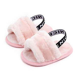 Meckior Infant Baby Girls Sandals Faux Fur Slides with Elastic Back Strap Flats Slippers Princess Dress First Walker Moccasins Shoes