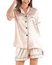 Load image into Gallery viewer, GAESHOW Silk Pajama Set for Women, Short Sleeve Satin Pajama Set with Shorts Two Piece Pj Sets Button-Down Sleepwear Loungewear S~3XL Champagne
