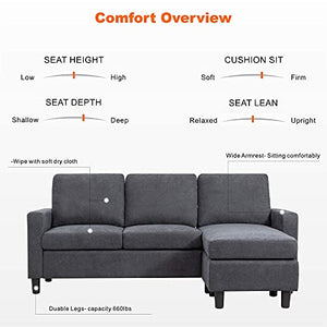 JY QAQA Convertible Sectional Sofa Couch with 3-Seat Sofa, L-Shaped Ottoman Couch with Modern Linen Fabric for Small Living Room, Apartment and Small Space (Dark Grey)