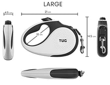 Load image into Gallery viewer, TUG 360° Tangle-Free, Heavy Duty Retractable Dog Leash for Up to 110 lb Dogs; 16 ft Strong Nylon Tape; One-Handed Brake, Pause, Lock (Large, White)
