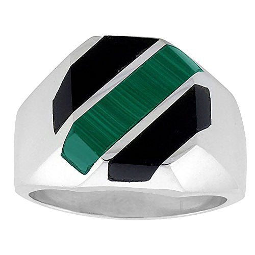 Sterling Silver Black Obsidian & Malachite Ring for Men Octagonal 3 Stripes Solid Back Handmade, Size 11