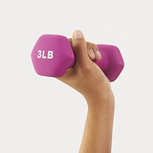 Load image into Gallery viewer, AmazonBasics Neoprene Workout Dumbbell Hand Weights, 20 Pounds Total, Pink/Purple/Green - 3 Pairs (2-Lb, 3-Lb, 5-Lb) &amp; Weight Rack
