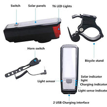 Load image into Gallery viewer, Solar USB Rechargeable Bike Front Lights Set 5 Modes 120db Bicycle Bell Horn 350 Lumens 4 Mode Waterproof Bicycle Headlight, USB Output Charge Your Mobile Phone, Road Cycling Safety Flashlight Lights
