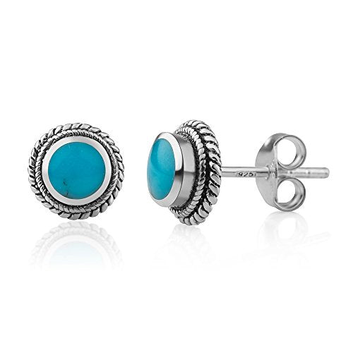 Women’s 925 Sterling Silver Round Braided Gemstone Post Stud Earrings, 9mm, Turquoise Gemstone