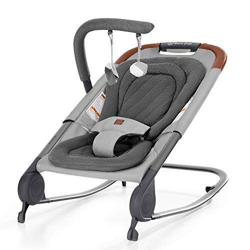 born free KOVA Baby Bouncer - Baby Rocker with Two Modes of Use, Removable Toys and Compact Fold for Storage or Travel - Easy to Clean, Machine Washable Fabrics, Grey