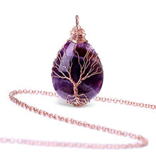 Load image into Gallery viewer, Tree of Life Teardrop Heart Amethyst Crystal  Pendant Necklace Copper Wire Wrapped Gemstone Healing Chakra Necklace Choker Mothers Day Gifts 18"
