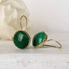 Load image into Gallery viewer, 14K Gold Malachite Earrings - 14K Solid Yellow Gold Drop Earrings, 12mm Natural Round Stone, Genuine Dark Green Gemstone, May Birthstone Taurus Birthday Gift - Minimalist Handmade Statement Jewelry
