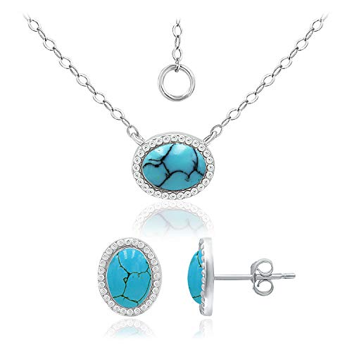 925 Sterling Silver 8x6 Oval Shape Simulated Turquoise Pendant Necklace, 16