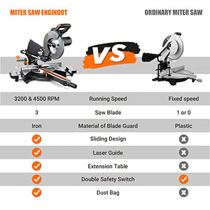 Sliding Miter Saw, ENGiNDOT 10-Inch Single Bevel Compound Miter Saw with 15-Amp Motor, Double Speed (4500 & 3200 RPM), Laser Guide, 3 Blades, Bevel Cut (0°- 45°) for Wood, PVC or Soft Metal Cutting