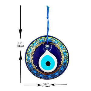 Erbulus Glass Blue Evil Eye Wall Hanging Gold and Turquoise Floral Design Ornament – Turkish Nazar Bead - Home Protection Charm - Wall Art Amulet in a Box