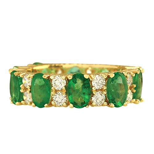 5.71 Carat Natural Green Emerald and Diamond (F-G Color, VS1-VS2 Clarity) 14K Yellow Gold Eternity Ring for Women Exclusively Handcrafted in USA