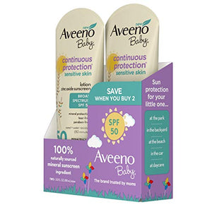Aveeno Baby Continuous Protection Zinc Oxide Mineral Sunscreen Lotion with Broad Spectrum SPF 50, Sweat and Water Resistant, 3 fl. Oz, Pack of 2
