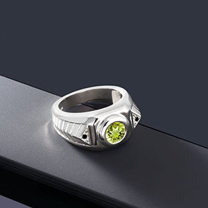 Gem Stone King 1.95 Ct Round Green Peridot Black Diamond 925 Sterling Silver Men's Ring (Size 8)