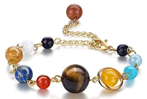 Fesciory Women Solar System Bracelet Universe Galaxy The Eight Planets Guardian Star Natural Stone Beads Bracelet Bangle for Men(Gold(Adjustable))
