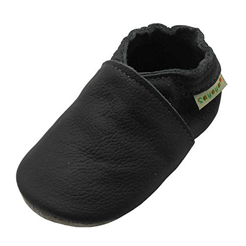 SAYOYO Baby Soft Sole Prewalkers Skid-Resistant Baby Toddler Shoes Cowhide Shoes (12-18 Months, Dark Grey)