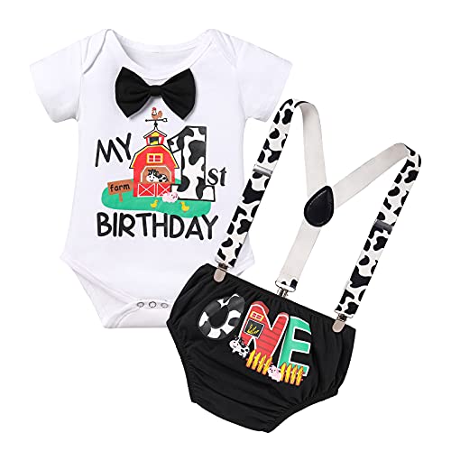 Farm Animals 1st Birthday Outfit Boys Baby Cake Smash Bowtie Romper Suspenders Diaper Covers Shorts First Cow Theme Farm Birthday Party Supplies Decorations for Photo Shoot Black 12-18 Months