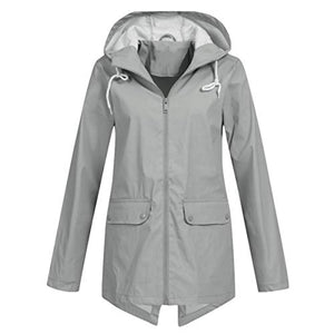 Thenxin Outdoor Hooded Waterproof Jacket for Women Lightweight Zip Up Trench Windbreaker Raincoat(Gray,XXL)