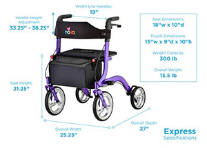 NOVA Medical Products Express Rollator Walker, Large 10” & 8” Wheels, Compact Foldable & Free Standing, Easy to Fold, Lift & Carry, Comes with Cane Holder, Purple