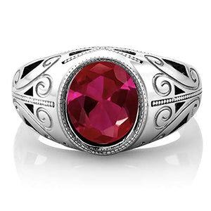 Gem Stone King 925 Sterling Silver Oval Red Created Ruby Men's Ring 6.40 Ct (Size 11)