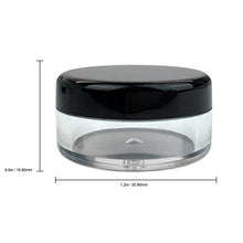 Load image into Gallery viewer, 50 New empty 5 Gram (0.17 oz) Acrylic Round Jars - BPA Free Plastic Containers for Cosmetic, Lotion, Cream, Makeup, Bead, Eye shadow, Rhinestone, Samples, Pot, 5g/5ml (Black Lid 50 Jars)
