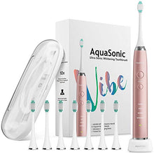 Load image into Gallery viewer, AquaSonic VIBE Series Ultra Whitening Pink Electric Toothbrush - 8 DuPont Brush Heads &amp; Travel Case Included - Sonic 40,000 VPM Motor &amp; Wireless Charging - 4 Modes w Smart Timer - Satin Rose Gold
