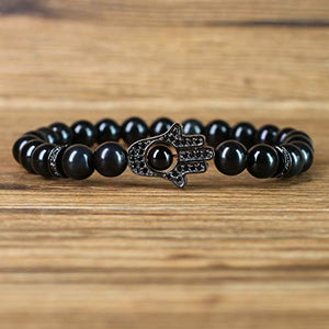 COAI Hand of Hamsa Black Obsidian Stone Mens Bracelet 7"