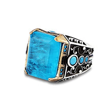 Load image into Gallery viewer, Ephesus Jewelry Handmade Sterling Silver Classy Men's Ring with Tourmaline and Turquoise Gemstones
