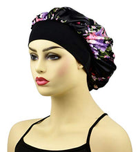 Load image into Gallery viewer, Satin Sleep Cap Bonnet for Women, Wide Band Satin Sleeping Caps Night Hat Head Cover for Natural Hair Loss, Black Floral
