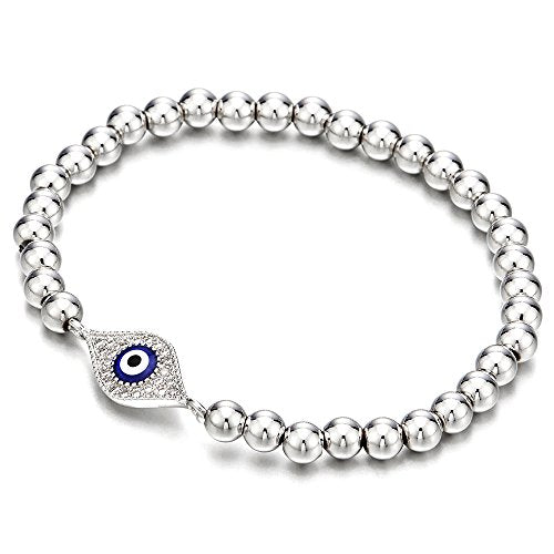 COOLSTEELANDBEYOND Beads Bracelet for Women Men with Cubic Zirconia Protection Evil Eye