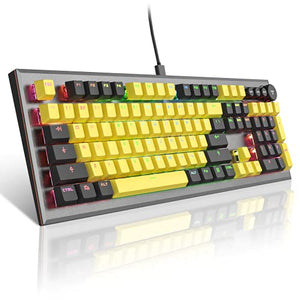 Mechanical Gaming Keyboard, PowerLead Wired Keyboard Rainbow RGB Backlit with Detachable Leather Wrist Rest, Programmable Settings with N-Key Flip, for Windows PC/MAC Games (104 Keys, Blue Switch)