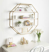 Load image into Gallery viewer, Kate and Laurel Lintz Large Modern Octagon Floating Wall Shelves with Metal Frame, Gold and White
