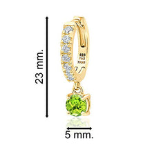 Load image into Gallery viewer, Yellow Gold Flashed Sterling Silver 5mm Peridot &amp; White CZ Dangle Huggie Hoop Earrings for Women Teen Girls, 15mm Diameter
