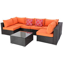Load image into Gallery viewer, Furnimy 7 Pieces Outdoor Indoor Sectional Sofa Set Patio Furniture Set Rattan Wicker Expresso with Seat Cushions, Glass Top Coffee Table and 2 Pillows (Orange)
