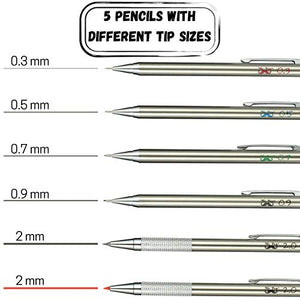 Mr. Pen- Metal Mechanical Pencil Set with Lead and Eraser Refills, 5 Sizes, 0.3, 0.5, 0.7, 0.9, 2mm, Drafting, Sketching, Architecture, Drawing Mechanical Pencils, Metal Mechanical Pencils