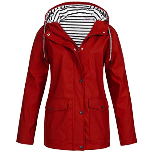 Women Light Jacket for Trip Rain Protection, Long Sleeve Waterproof Hooded Raincoat Travel Trench Coats with Pocket( Red, 3X-Large )