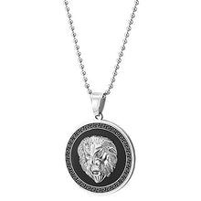 Load image into Gallery viewer, COOLSTEELANDBEYOND Men Steel Lion Head Circle Medal Pendant Necklace with CZ, Black Onyx, Greek Key, Silver Black
