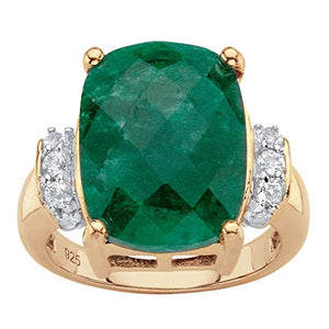 18K Yellow Gold over Silver Genuine Green Emerald and White Tanzanite Cushion Cut Ring Size 10