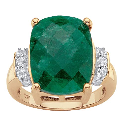 18K Yellow Gold over Silver Genuine Green Emerald and White Tanzanite Cushion Cut Ring Size 10