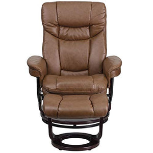 Flash Furniture Contemporary Multi-Position Recliner and Curved Ottoman with Swivel Mahogany Wood Base in Palimino LeatherSoft