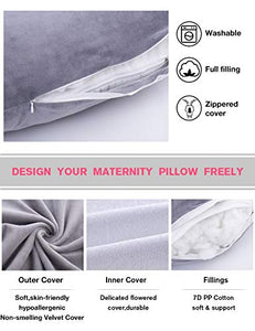 AS AWESLING 60in Full Body Pillow | Maternity Pillow and Pregnancy Pillows for Sleeping | Extra Large U Shaped Pillow with Detachable Side, Separate Support Pillow and Removable Cover (Grey)