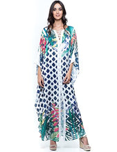 Load image into Gallery viewer, Hoperay Caftans Loungewear for Women Beach Swimsuit Cover Ups Woven Mesh Neckline 3/4 Sleeve Floral Print Kaftans Dresses Plus Size Summer Beachwear
